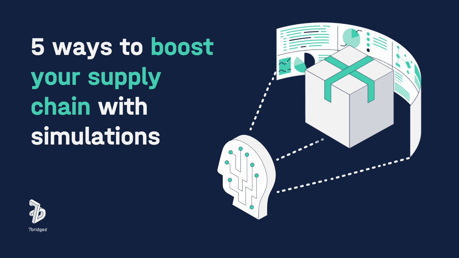 5 ways to boost your supply chain with simulations on blue text with illustration techy AI head, a box and screens to the right