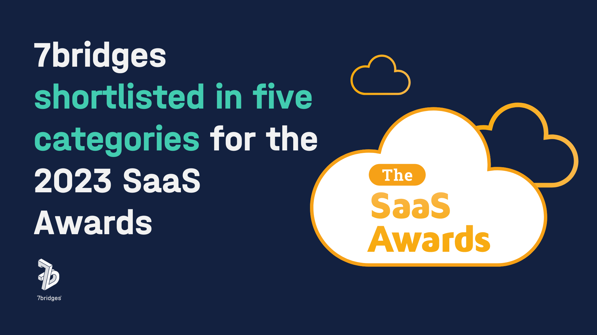 7bridges shortlisted in five categories in the 2023 SaaS Awards on blue with SaaS awards orange cloud logo to the right